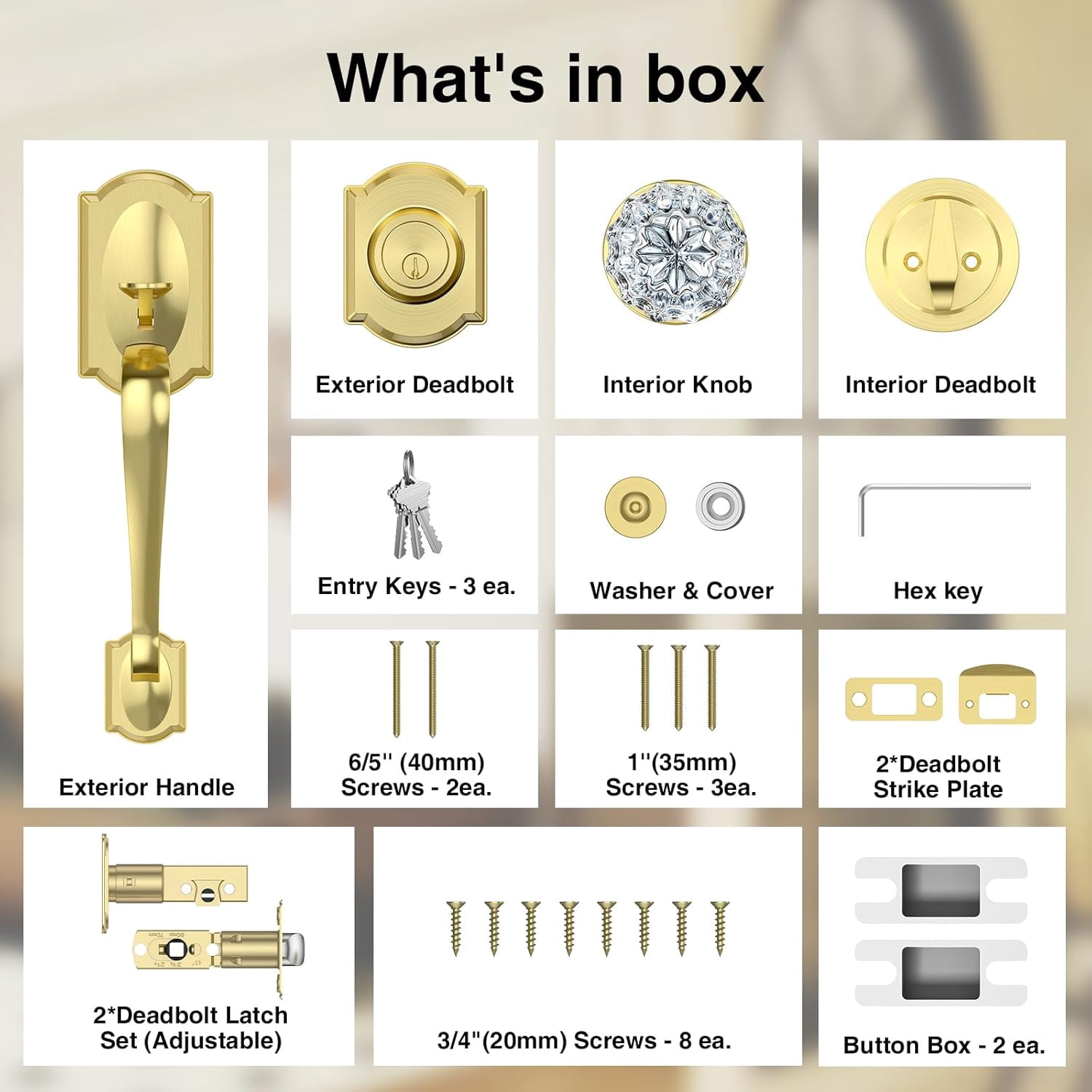 Vintage Front Door Handle and Deadbolt Set, Gold Front Door Lock Set with Crystal Glass Door Knob, Entry Door Lock Set with Single Cylinder, Reversible for Right & Left