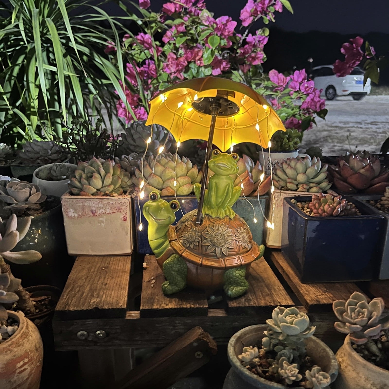 Hand-Painted Solar Garden Statue, Frogs Standing on Turtle Holding Umbrella with String Lights, Waterproof Outdoor Patio and Yard Art Decoration