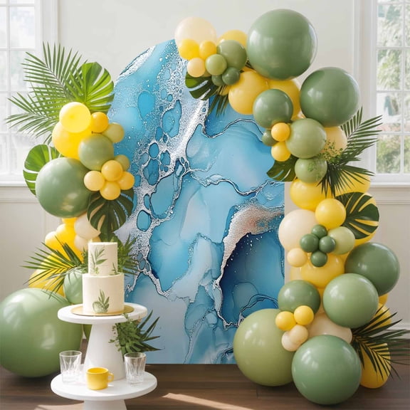 Marble Arch Backdrop Cover, 7.2FT, Abstract Art Blue Gradient Cave Rock Silver Lines Spandex Arch Covers Double-Sided Backdrop for Wedding Birthday Party Photo Background Decoration
