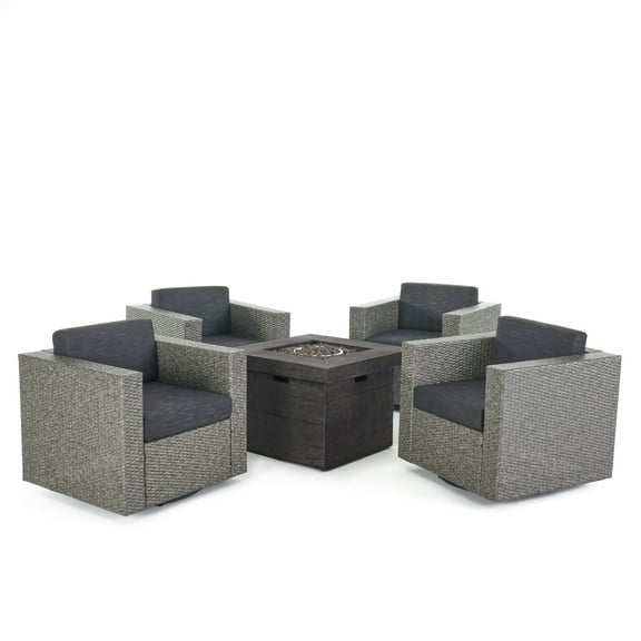 GDF Studio Venice Outdoor Wicker 5 Piece Swivel Club Chair and Gray Fire Pit Set with Cushions, Mixed Black and Dark Gray