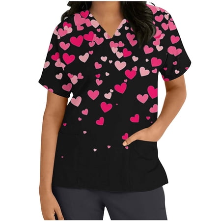 Lorytime Mother's Day Printed Scrub Tops Women Crew Neck T Shirts Short Sleeve Uniform with Pockets Heart Basic Workwear