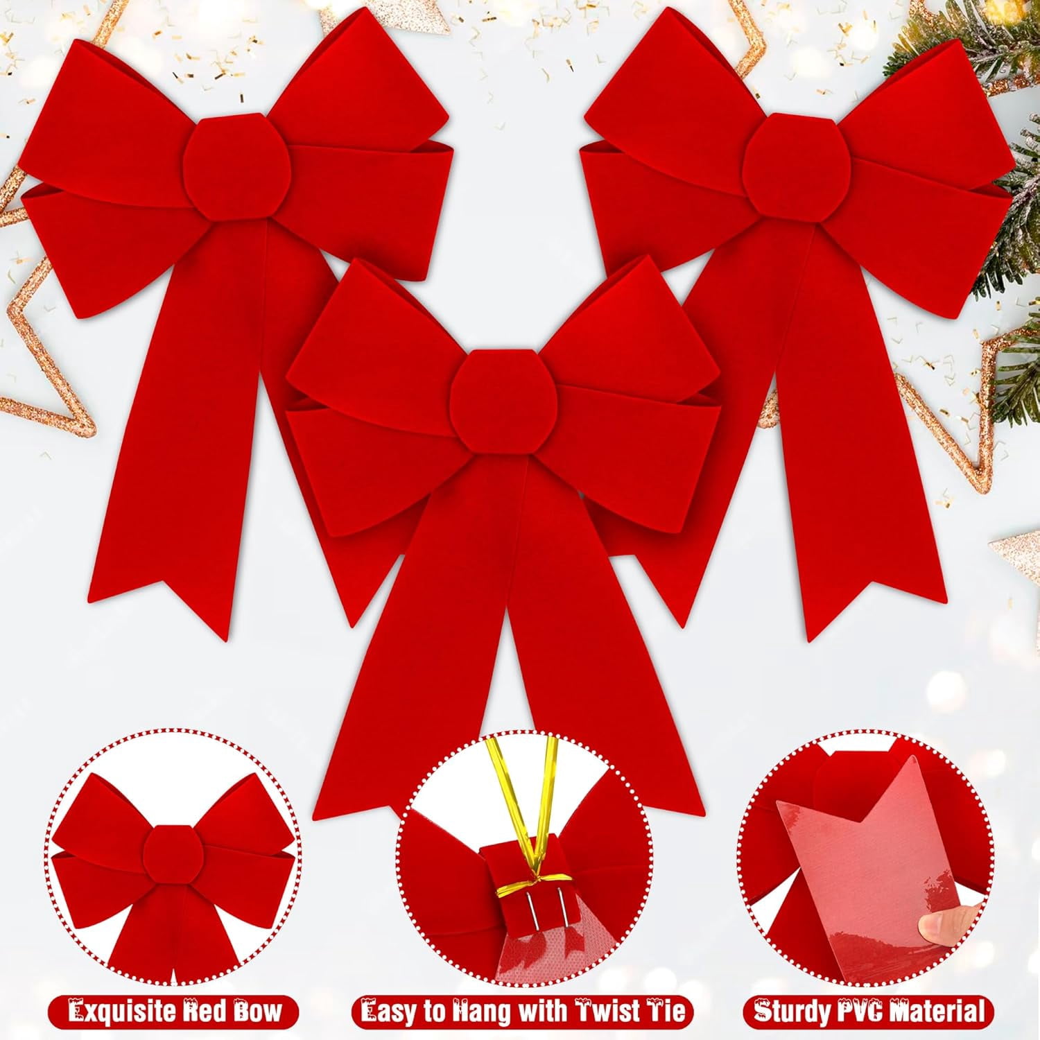 12 PCS Christmas Bows, 9 x 12 Inches Red Bows Christmas Decorations, Velvet PVC Christmas Bows for Wreaths Hanging Christmas Tree Bow Outdoor Indoor Xmas Home Party Supplies for Fence Stairs Door
