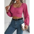 thumbnail image 6 of Women'S Ruched Wrap Square Neck Flounce Long Sleeve Self Tie Crop Top Blouse Rose Red M, 6 of 8