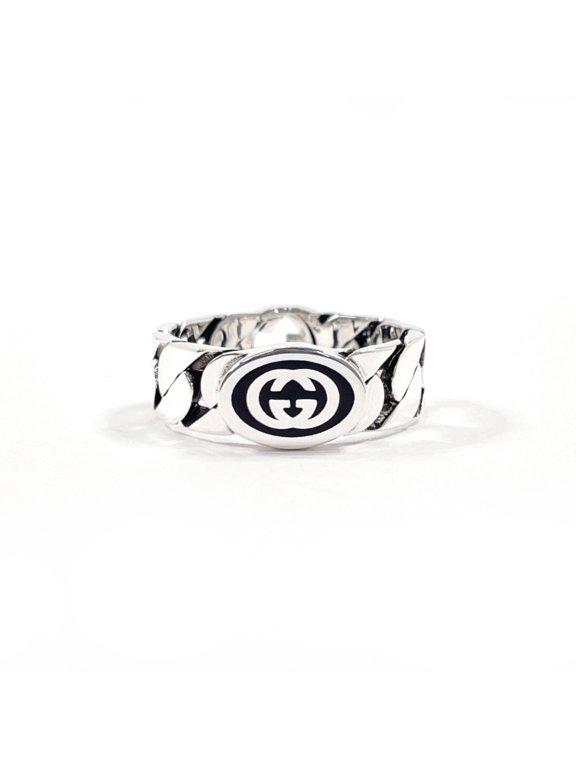 Pre-Owned GUCCI Interlocking G Ring, Sterling Silver 925/Enamel, Size 12, Silver, Women's