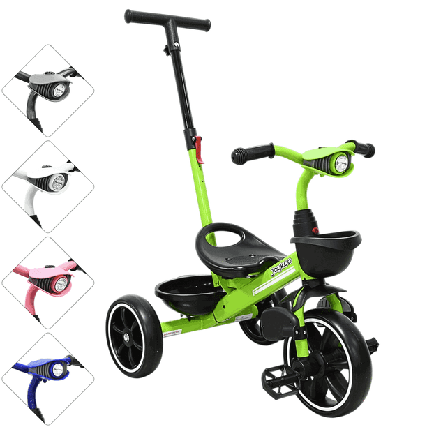 Triciclo para Niños con Bastón Torreta con Luz y Sonido Pedales Desmontables Posapiés Plegables Apto desde 2 años o hasta 25 kg - Verde