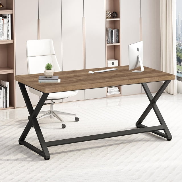 Rustic Computer Desk Industrial Home Office Desk Farmhouse Wood Metal Work Desk for Writing Study Vintage Minimalist Executive Workstation PC Gaming Table in Bedroom Rustic