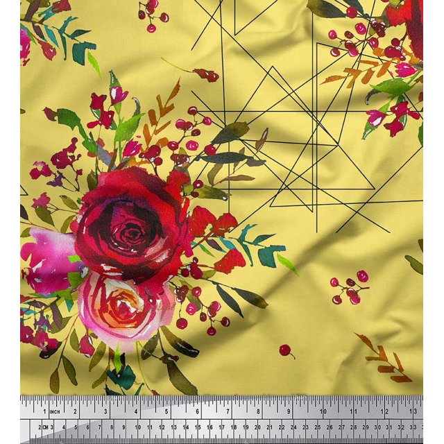 Soimoi Tissu en Velours Triangle, Imprimé de Baies et Roses au Mètre 58 Pouces de Large