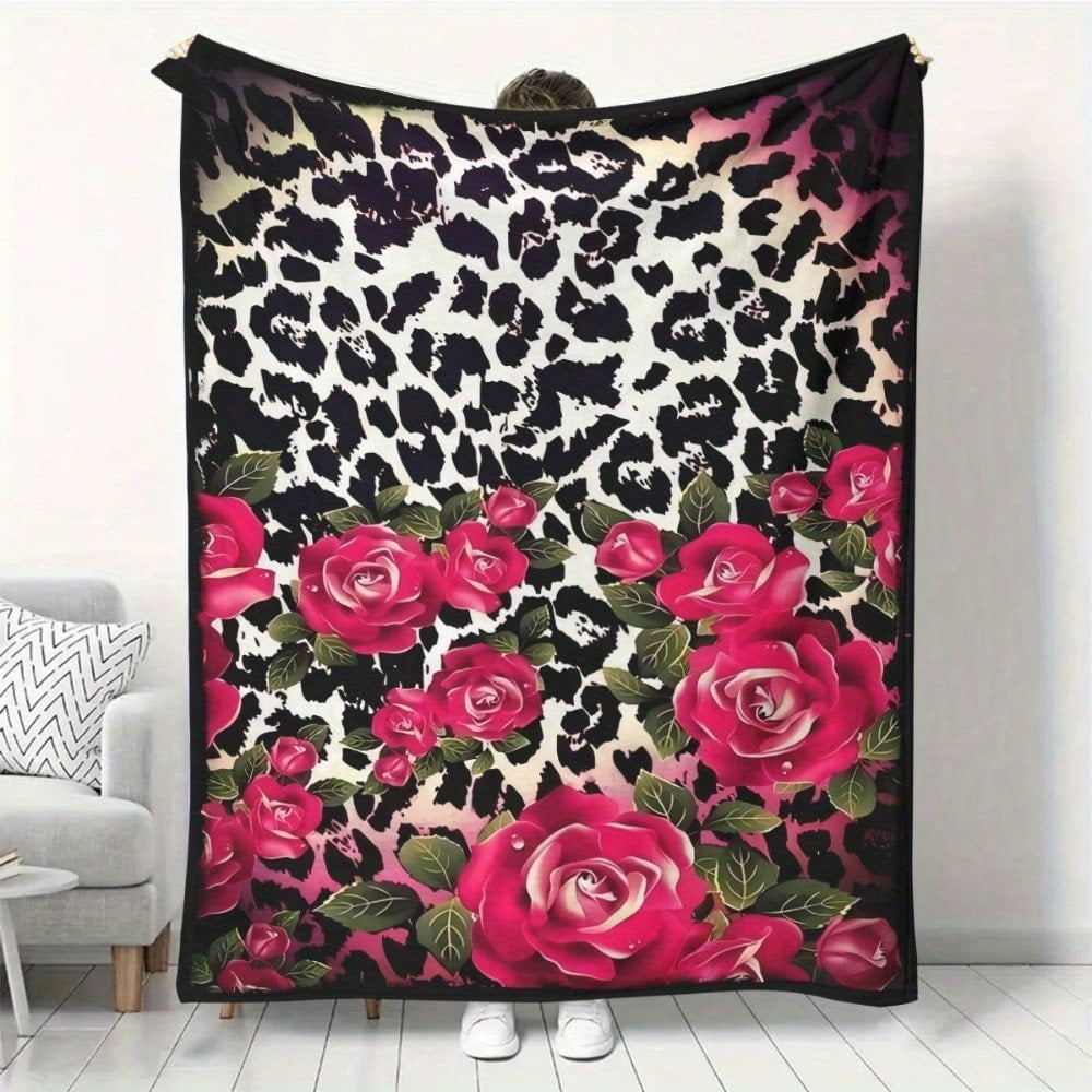 HELLOYOUNG Rose Leopard Print Flannel Blanket, Soft Plush Throw for Couch Bed Car Office, All-Season Cozy Decor with Vibrant Pink Roses & Black Spots, Lightweight Travel Camping Must-Have