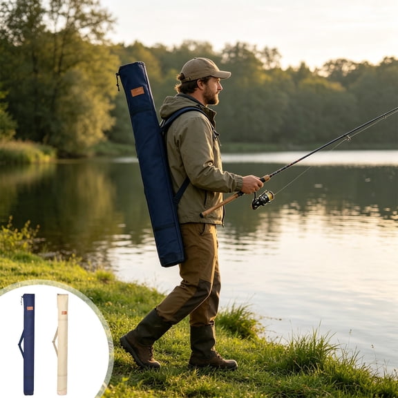 Canvas Fishing Rod Carry Bag 55.12 in, Cylindrical Outdoor Gear Storage Case with Shoulder Strap, Khaki
