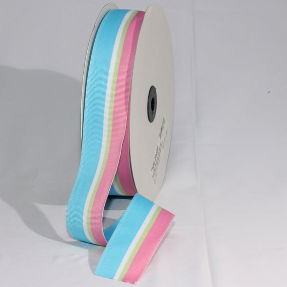 The Ribbon People Blue and Pink Striped Woven Grosgrain Craft Ribbon 1.5" x 55 Yards