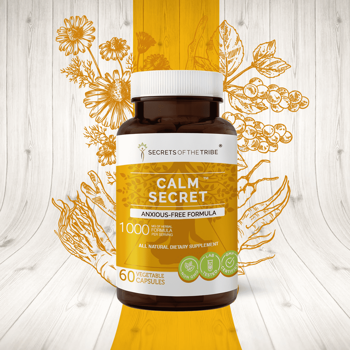 Calm Secret 60 Capsules, 500 mg, Passionflower, Lavender, Ashwagandha, Valerian, Lemon Balm, Brahmi, Chamomile. Anxious-Free Formula