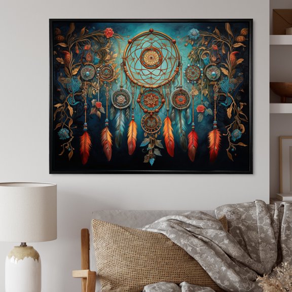 Designart "Blue Dream Catcher Folklore Whispers I" Spiritual Floater Framed Wall Art Print