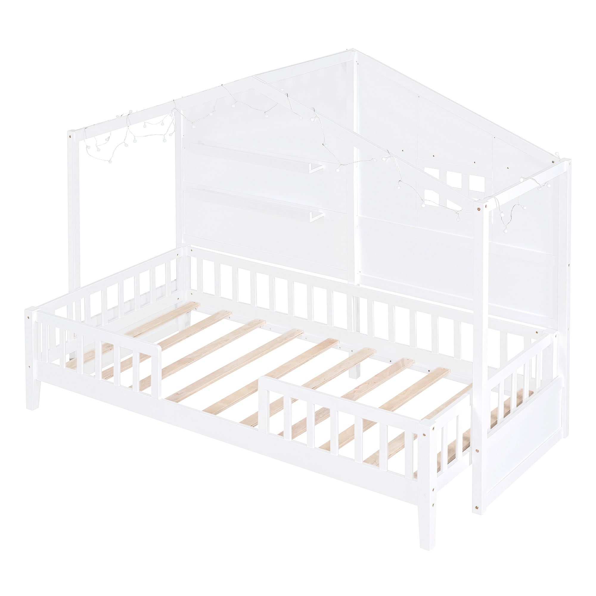 Harper & Bright Designs Twin Size House Bed with Storage Shelves and Rails, Wood Kids Montessori Bed Frame with Window and Sparkling Light Strip on The Roof for Boy Girls, White