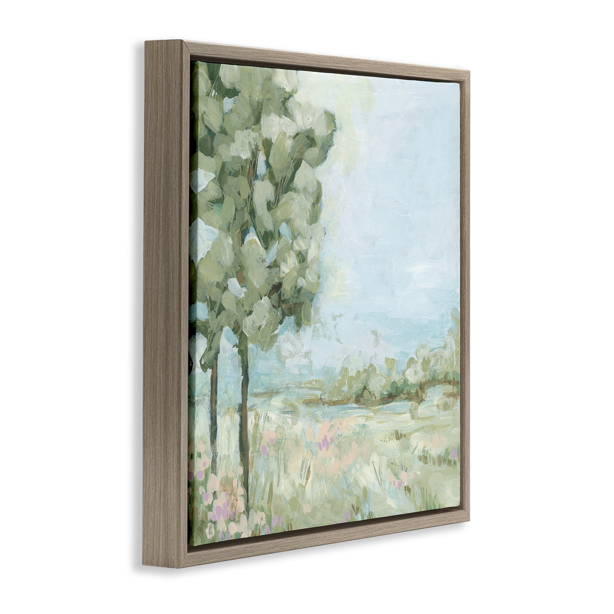 Stupell Industries Looming Tree by Field Landscape & Nature Painting Brown Floater Framed Canvas Art Print Wall Art, 18 x 18