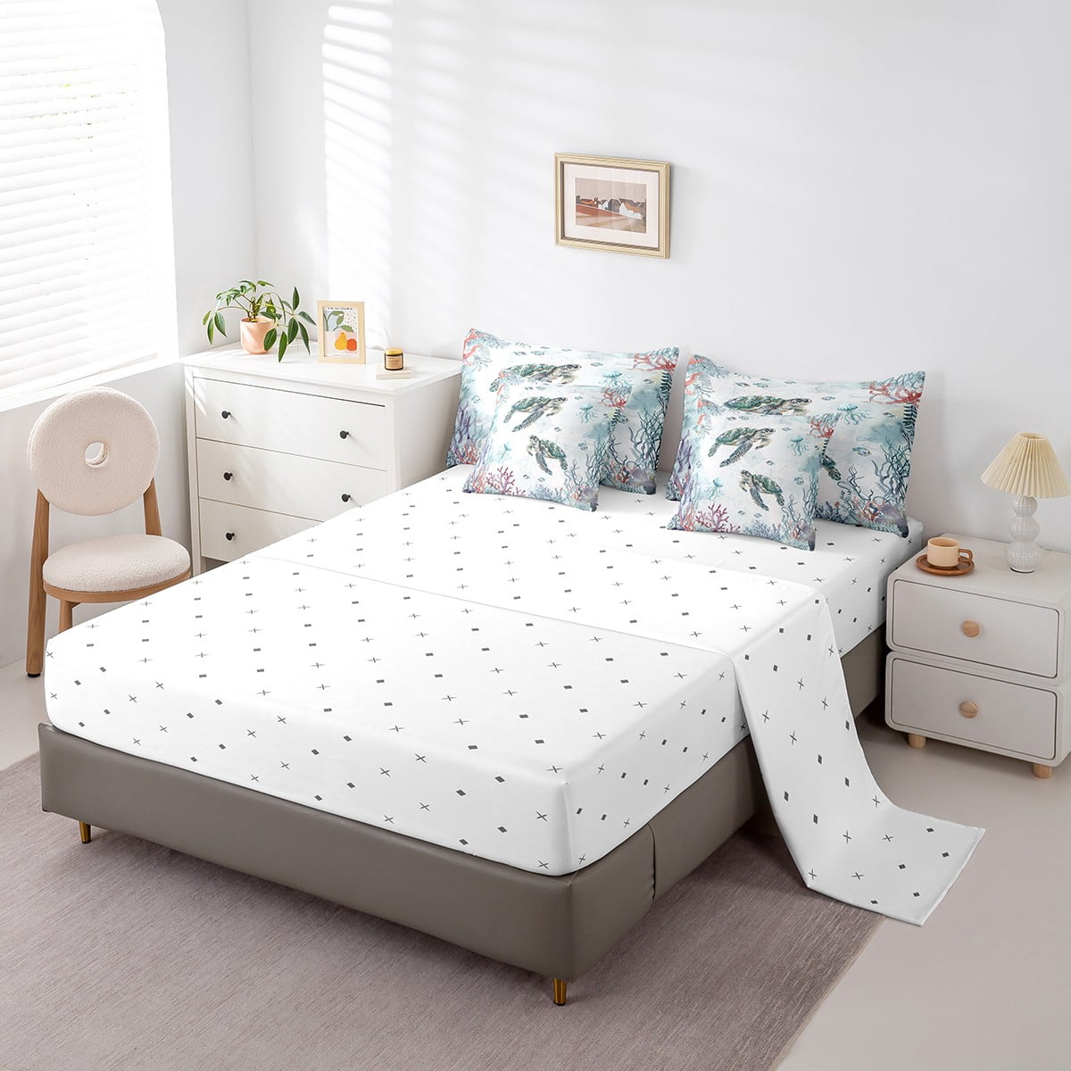 Sea Turtle Coastal Comforter Set 7 Piece Bed in a Bag Twin,Blue Ocean Coral Nautical Bedding Set Jellyfish Sheet Sets with Comforter Beach Bed Set,Kawaii Tortoise Room Decor