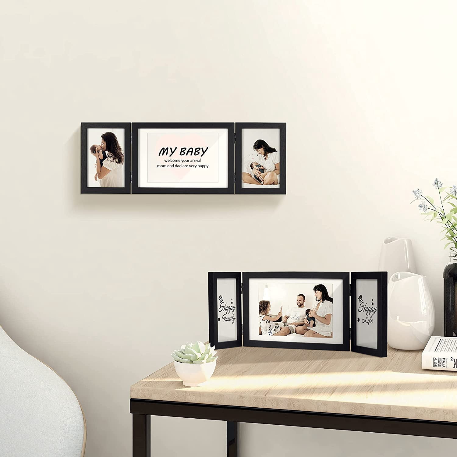 SUMGAR Three Picture Frames 5x7 4x6 Black Trifold Hinged Folding Collage Frame with 3 Opening,Wedding Family Photo Frame Vertical for Wall Table Decor