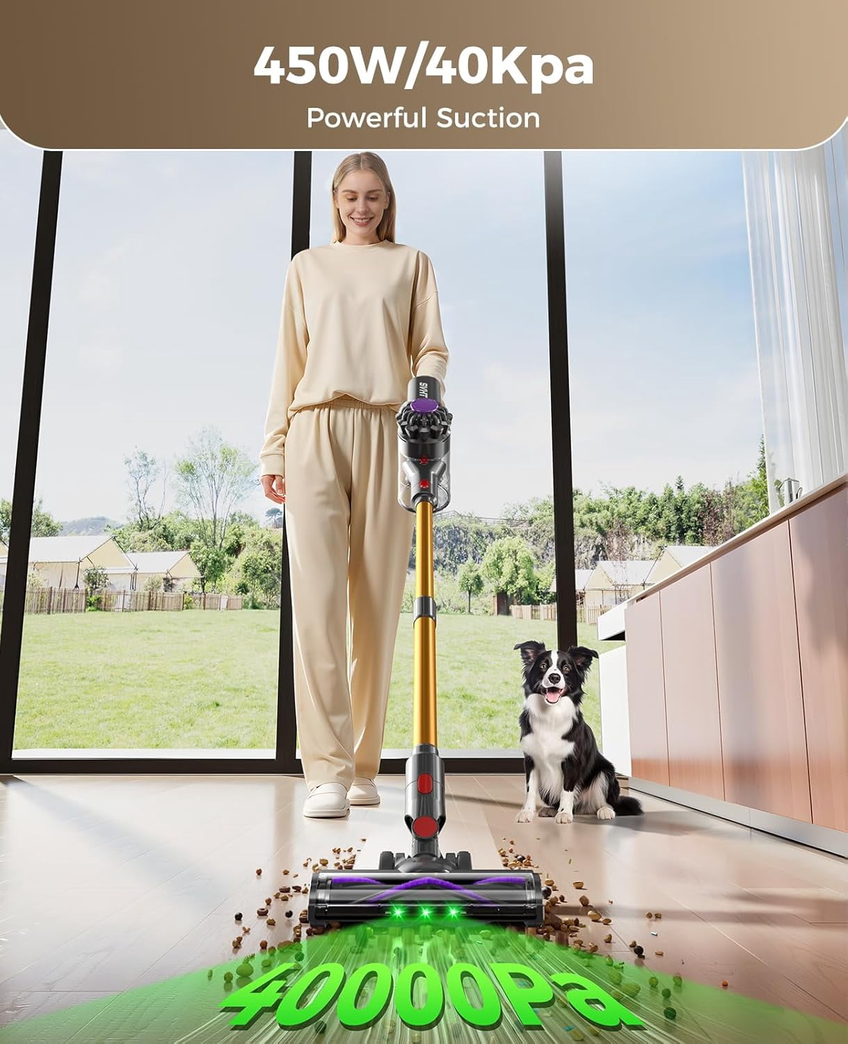 Cordless Vacuum Cleaner, 450W 40KPA, 45 Min Runtime, Lightweight Stick Vacuum with LED Display, Rechargeable, for Carpet Pet Hair Hardwood Floor, Yellow Bestseling thumbnail 4