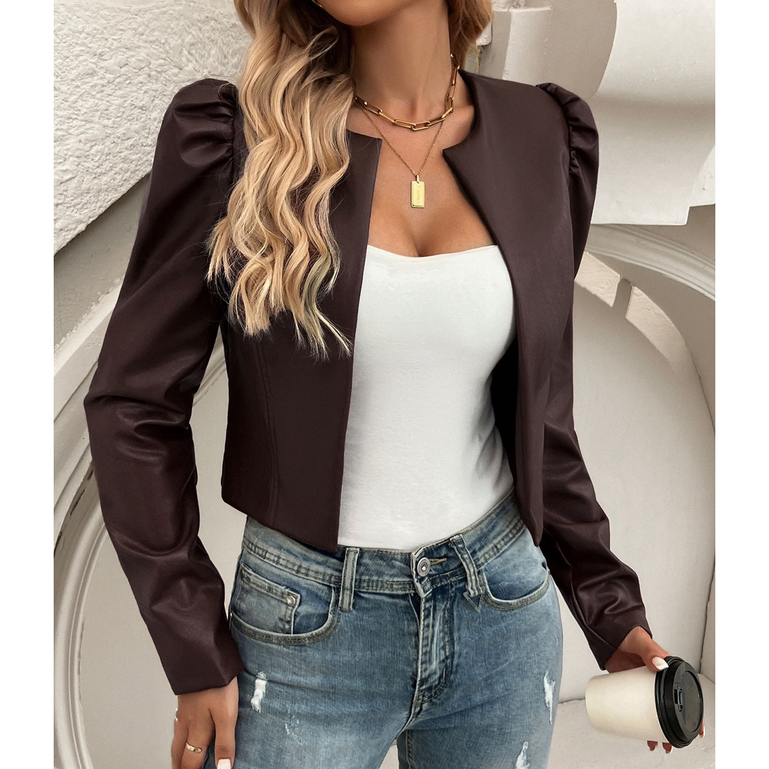 SWSMCLT Women's Leather Jacket Winter Puff Sleeve Faux Leather Dinner Jacket Fall Long Sleeve Fashion Brown Medium