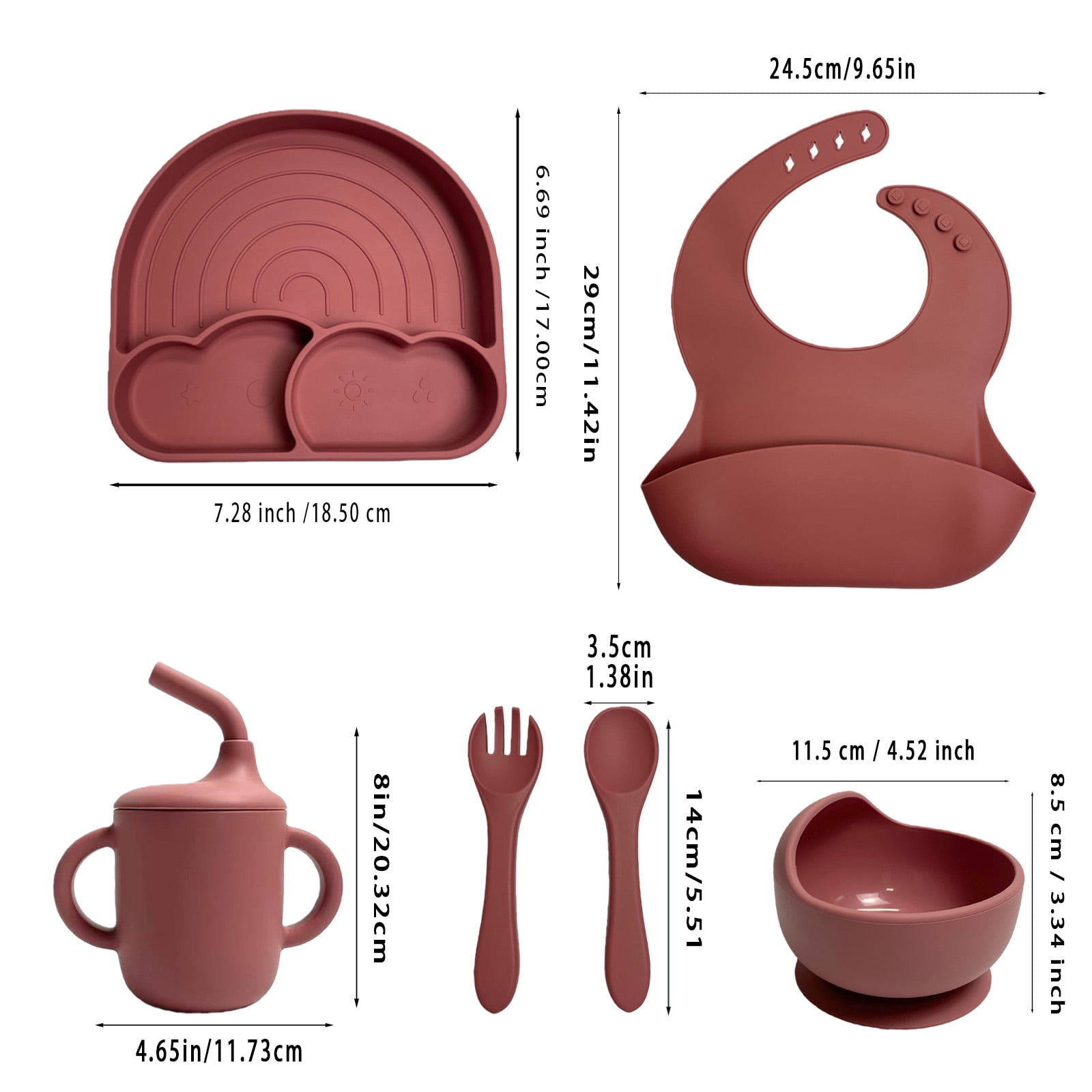 6 Pack Burgundy Rainbow Silicone Baby Feeding Set, Toddler Self Feeding Supplies For Infants 6+ Months
