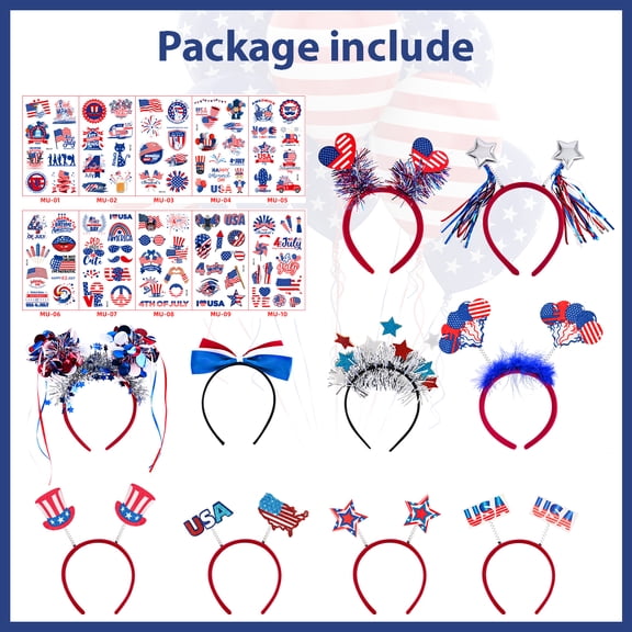 10Pcs Patriotic Head Boppers Headband with 90Pcs Fourth of July Temporary Tattoos- Star Uncle Sam Hat Balloons- Fourth 4th of July Party Accessories Favors Decorations