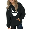 thumbnail image 3 of lcziwo Girls Boys Hoodies Cartoon Pumpkin Ghost Letter Printed Long Sleeve Hooded Sweatshirt Halloween Pullover Hoodie with Pocket Child Party Hoody Black 130, 3 of 5