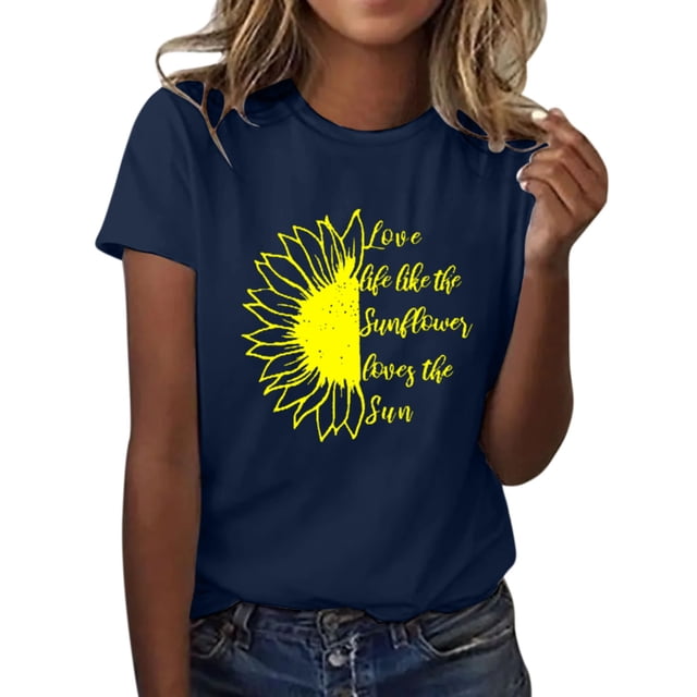 WTXUE T-Shirts à Manches Courtes, Col Rond, Graphiques, Femmes, T-Shirt d'Été Tournesol, Blouse Ample, Coton Floral, Chemises pour Femmes Décontracté pour Femmes Plus, Marine/Tournesol L