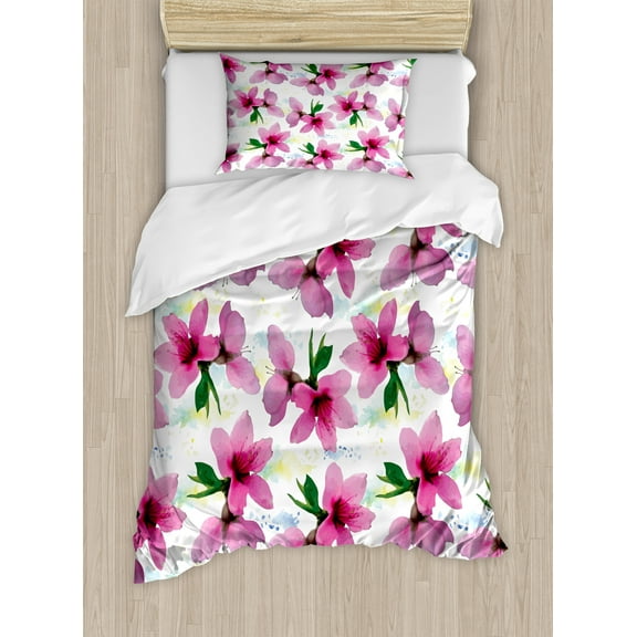 Floral Duvet Cover Set, Vivid Cherry Blossom Sakura Petals Botany Essence Watercolor Art, Decorative 2 Piece Bedding Set with 1 Pillow Shams, Twin Size, Fuchsia Yellow, by Ambesonne