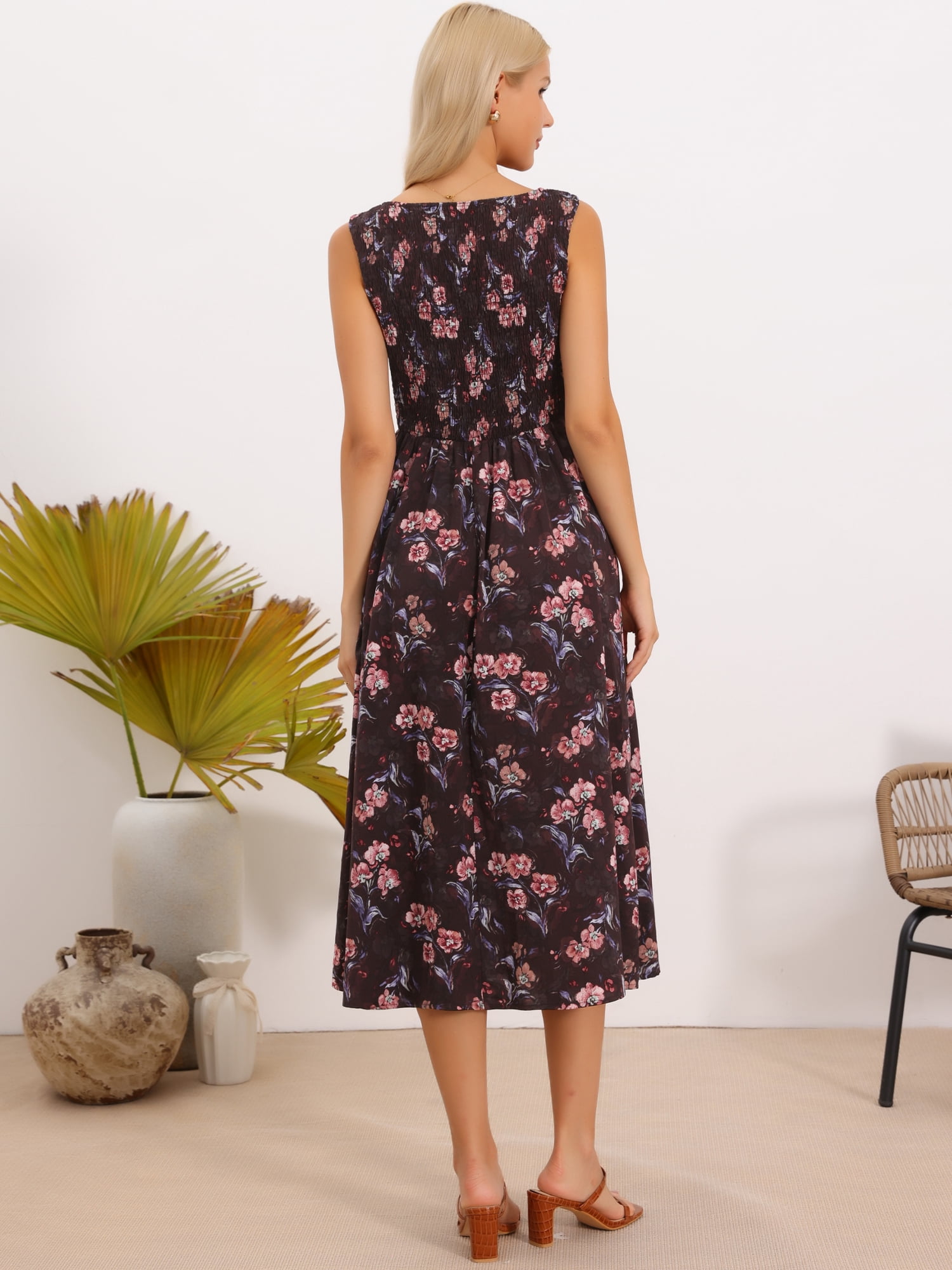 DARING DIVA Women's Floral Tank Square Neck Smocked Midi Dress XS Brown Red Floral