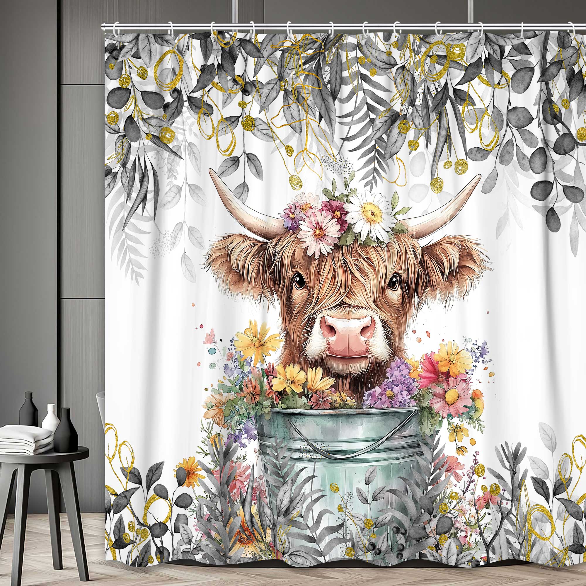 Gray Grey Eucalyptus Highland Cow Shower Curtain, Watercolor Plant Leaves with Floral Farmhouse Bath Curtain, Funny Animals Bathroom Accessories Botanical for Bathroom Curtain Set with Hooks, 72X72in