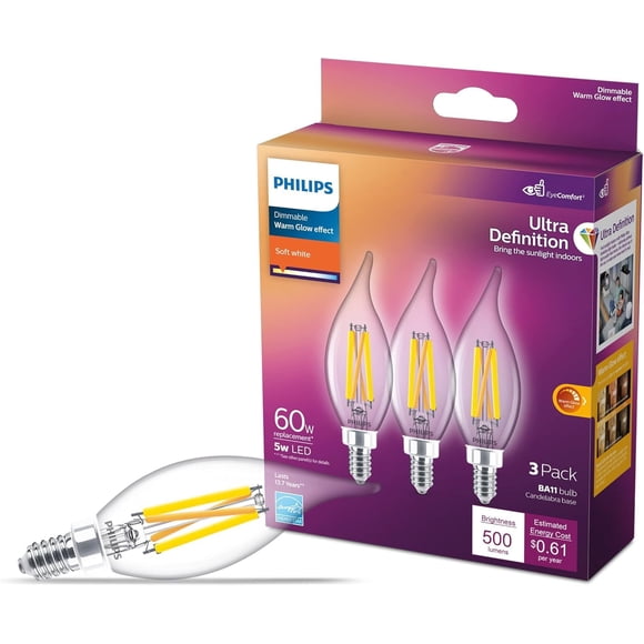 Philips Bombillas LED BA11 E12 de 75 W, base ultra definición, color blanco suave (2700 K), 700 lúmenes (6,6 W = 75 W) regulables, transparentes sin parpadeo