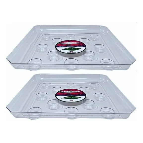 Plant Saucers 2-Pack 14 Inch - Heavy Duty Clear Plastic Carpet Protector - Square Footed Plant Pot Trays - USA Made - Indoor & Outdoor Plant Water Catchers