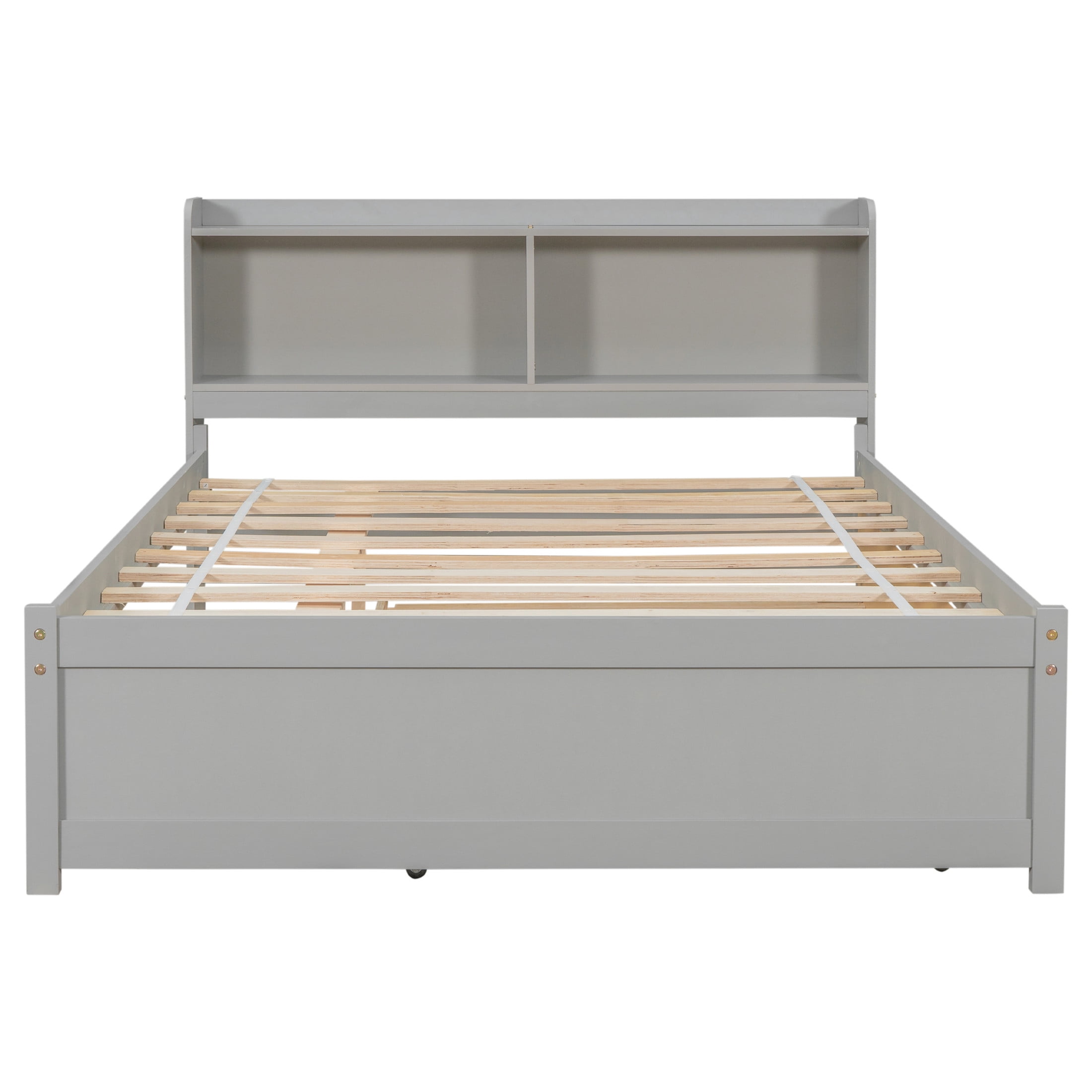 Noble House Katen Full Bed with Extra Trundle and Bookcase Storage, Pine Wood Platform Bed with Bookshelf, Gray