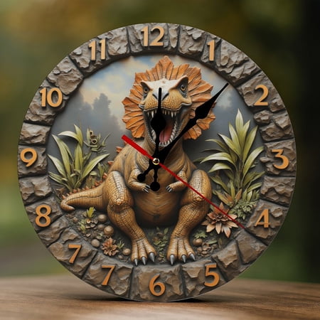 Wall Clock Decorative - Cute Cartoon Dinosaur Print 2D Vintage Wall Clocks Battery Operated Silent Non-Ticking for Bedroom, Living Room, Kitchen, Office, Classroom, 10 Inch