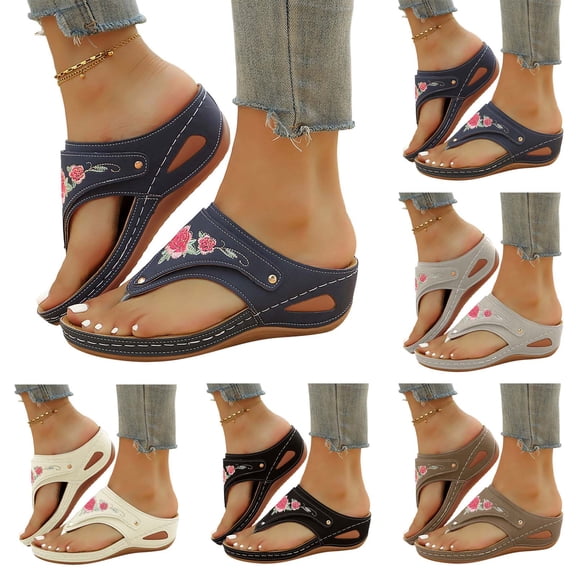 Pandaie Orthopedic Sandals for Women 2026 Summer Slip on Beach Flip Flops Arch Support Flower Dressy Wedge Casual Boho Slippers Black Size 6.5