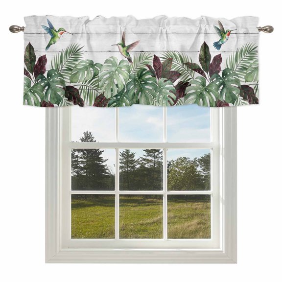 Summer Hummingbird Palm Leaf Valances for Windows Tropical Monstera Wood Plank Rod Pocket Curtain Valance Window Treatment Short Curtains for Kitchen Living Room,42x12in