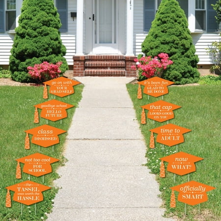 Orange Grad Caps - Shaped Outdoor Grad Lawn Decor - Graduation Party Yard Signs – 10 Piece