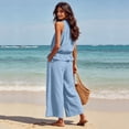 thumbnail image 6 of Linen Sets for Women 2 piece Sleeveless Ruffle Top Wide Leg Pants Matching Set Summer Beach Vacation Outfits,Sky Blue,XL, 6 of 7