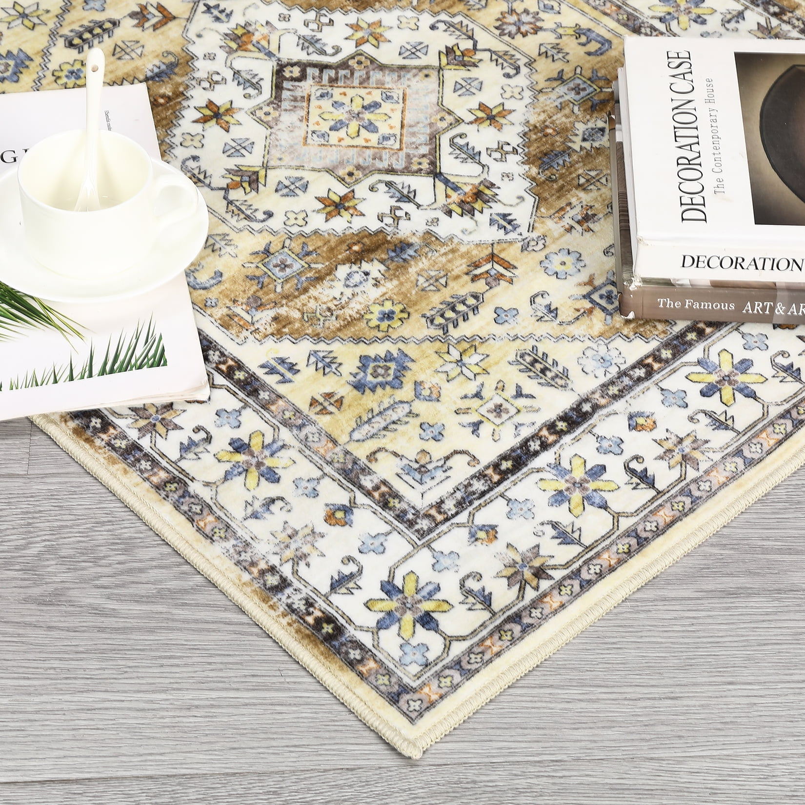 Garvee 6'x9' Vintage Area Rug Indoor Boho Distressed Carpet Floral Rug Stain-Resistant Foldable Thin Rug, Yellow