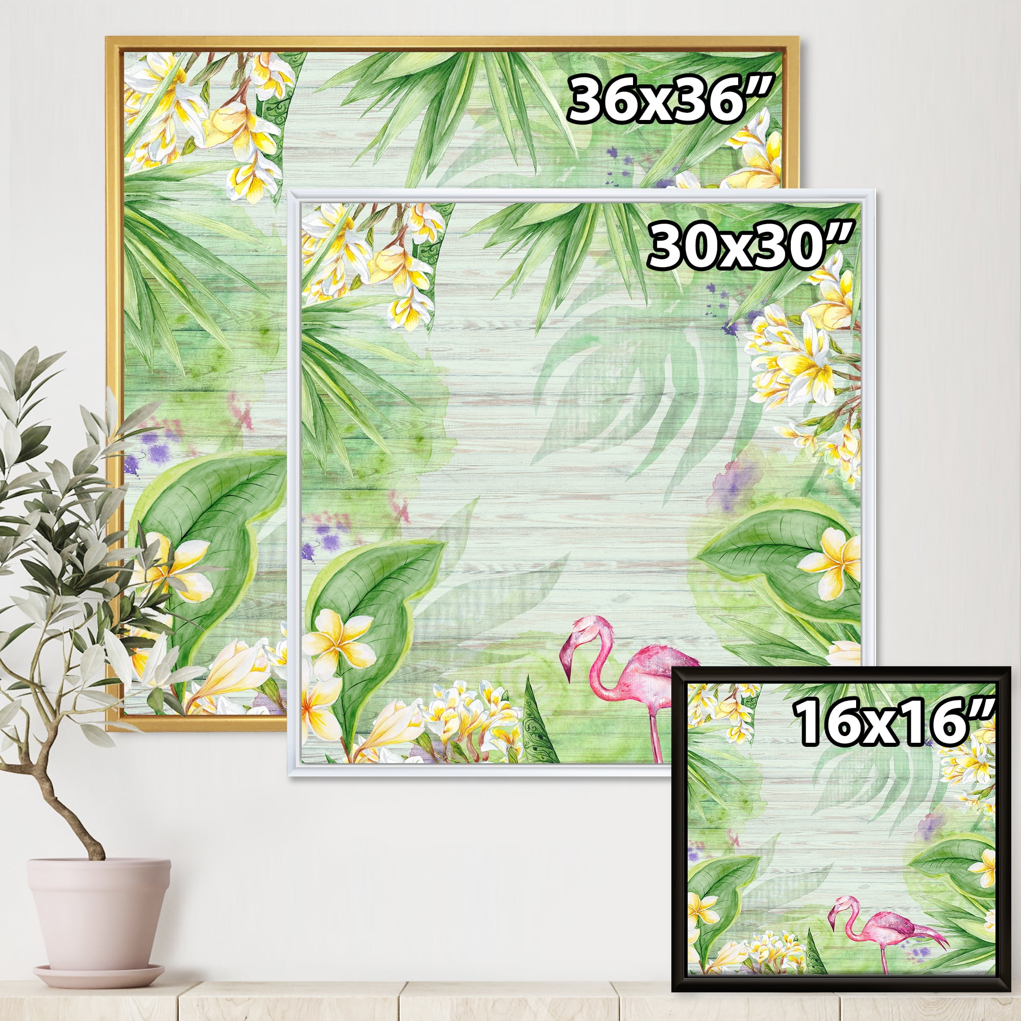 Designart 'Yellow Flowers, Tropical Foliage With Flamingo I' Modern Framed Canvas Wall Art Print
