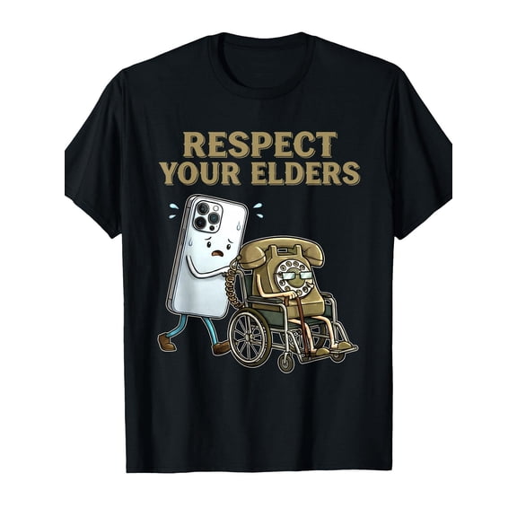 Respect Your Elders Vintage Graphic Tee for Men, Funny Smartphone Rotary Phone Short Sleeve T-Shirt, Retro Tech Casual Crew Neck Top for Tech Lover Gift