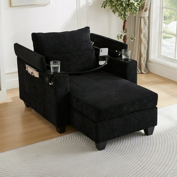 37.4" Corduroy Convertible Sofa Chair with Storage, USB Ports & Lumbar Pillow, Sleeper Design,Gray