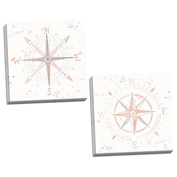 Gango Home Decor Shabby-Chic Wonderful World II & III by Laura Marshall (Ready to Hang); Two 16x16in Hand-Stretched Canvases