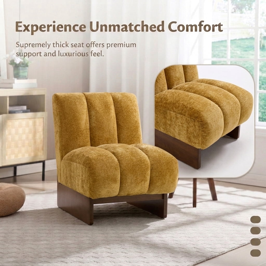 MOONMISS Modern Chenille Fabric Armchair with Wood Legs, Comfy Upholstered Reading Accent Chairs for Living Room,Yellow