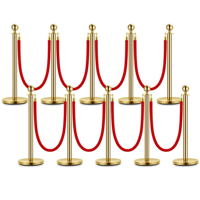 BeesClover Gold Stanchion Post Queue,38 Inch Stanchion Posts Queue with 5 ft Red Velvet Rope,Ropes Safety Barriers Set,Crowd Control Barriers Queue Line Rope for Theater Party Museums