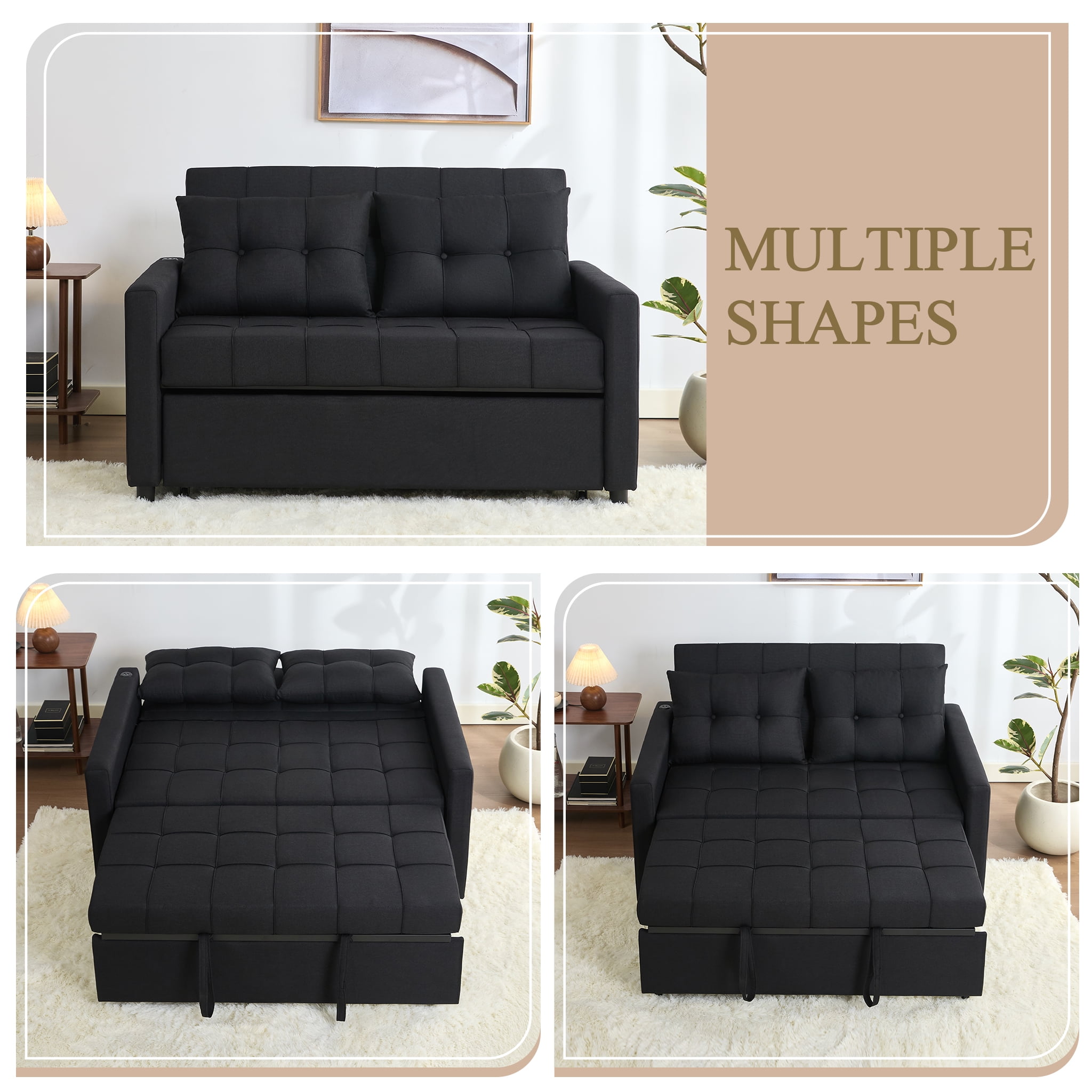LAKPS 52" Linen 3-in-1 Convertible Sleeper Sofa with Pull-Out Bed, Stepless Adjustable Backrest & Side Pocket - for Family, Living Room, Dorm, Apartment, Linen, Black