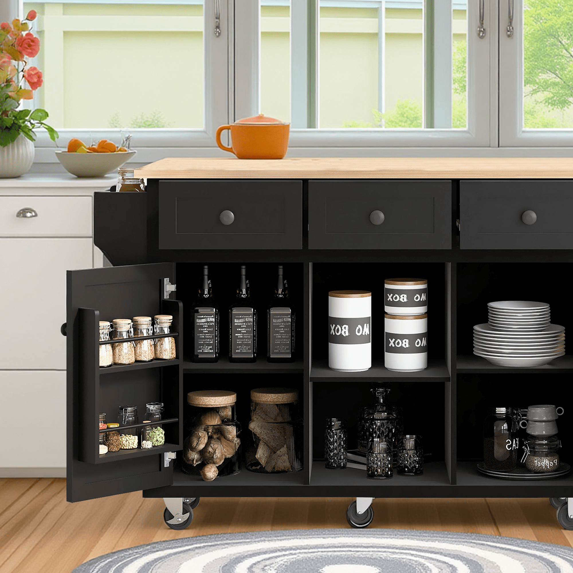MAYEERTY Kitchen Island on 5 Wheels - Storage Cabinet & 3 Drawers for Dining Room, White
