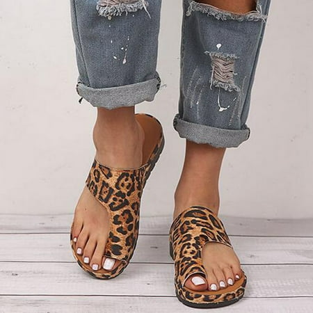 

JeashCHAT Women s Flat Sandal Orthopedic Toe Ring Slides Flip Flops PU Leather Slip On Flats Summer Beach Travel Slipper on Clearance (Coffee)