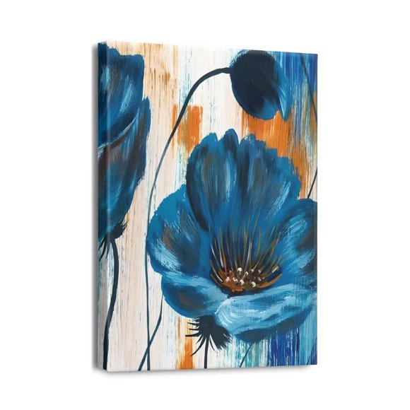 Impression Artistique sur Toile Florale Bleu Marine Vintage Gris, Peinture Abstraite de Fleurs pour Décoration Murale Élégante de Salle de Bain et de Chambre, Pièce d'Art de Haute Qualité, 12X16 Pouces