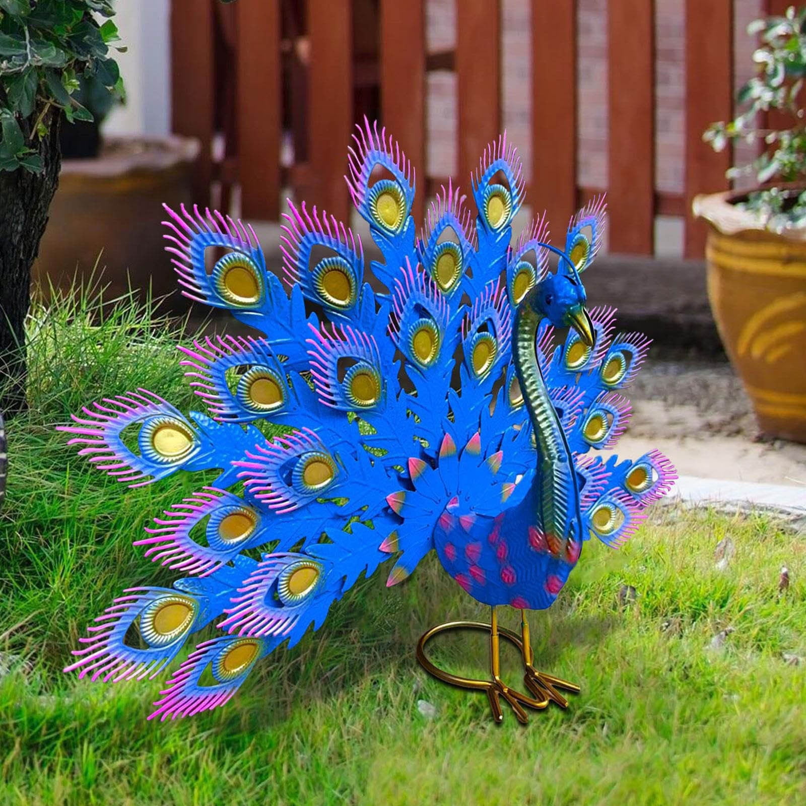cpengpj 30x30cm Tall Metal Peacock Garden Statue, Handmade, 3D Textured, Tail Spread Sculptures for Patio, Garden or Entryway