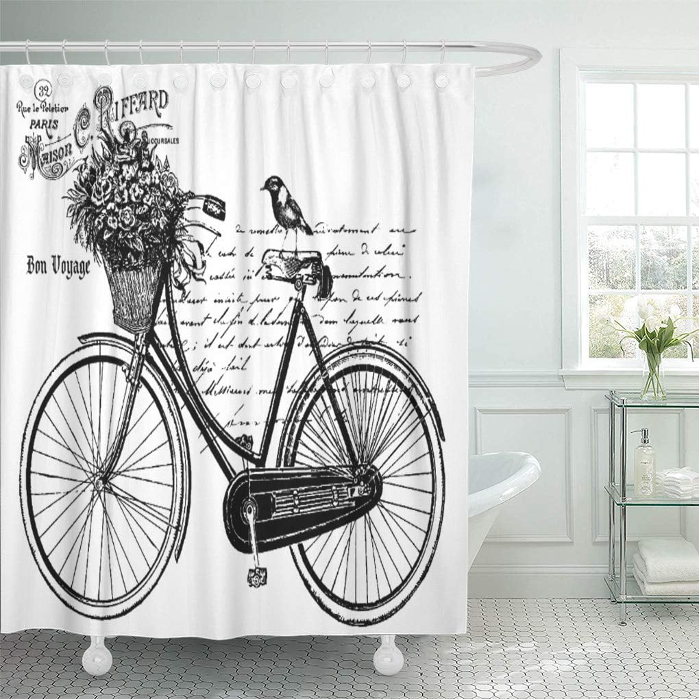 SUTTOM Black Vintage Bicycle Bird Flowers White France French Script